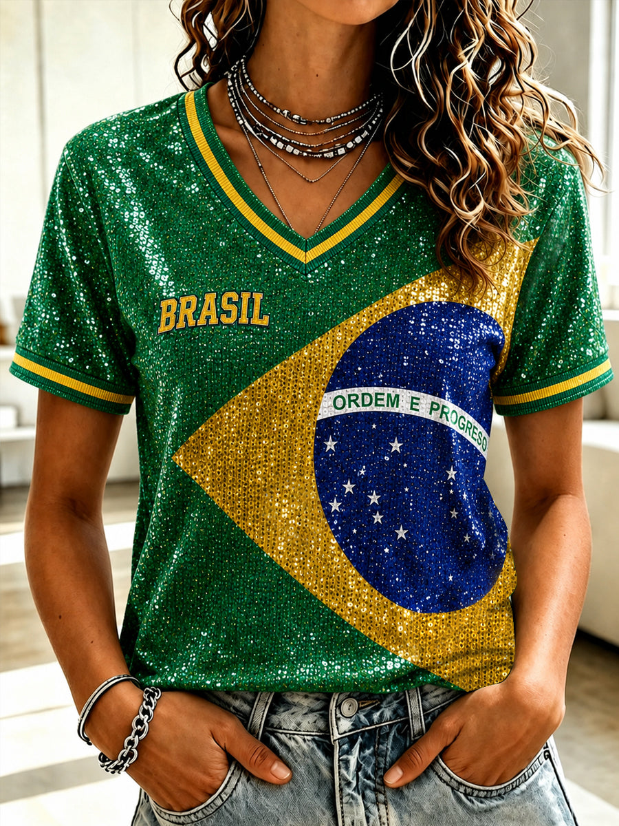 Camiseta de manga corta con cuello en V y estampado artístico, regalo para aficionadas al fútbol brasileño