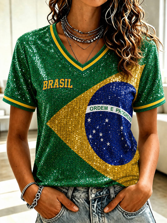 Camiseta de manga corta con cuello en V y estampado artístico, regalo para aficionadas al fútbol brasileño