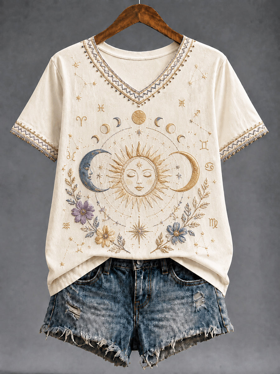 Camiseta con cuello en V clásica del zodiaco retro de las mujeres