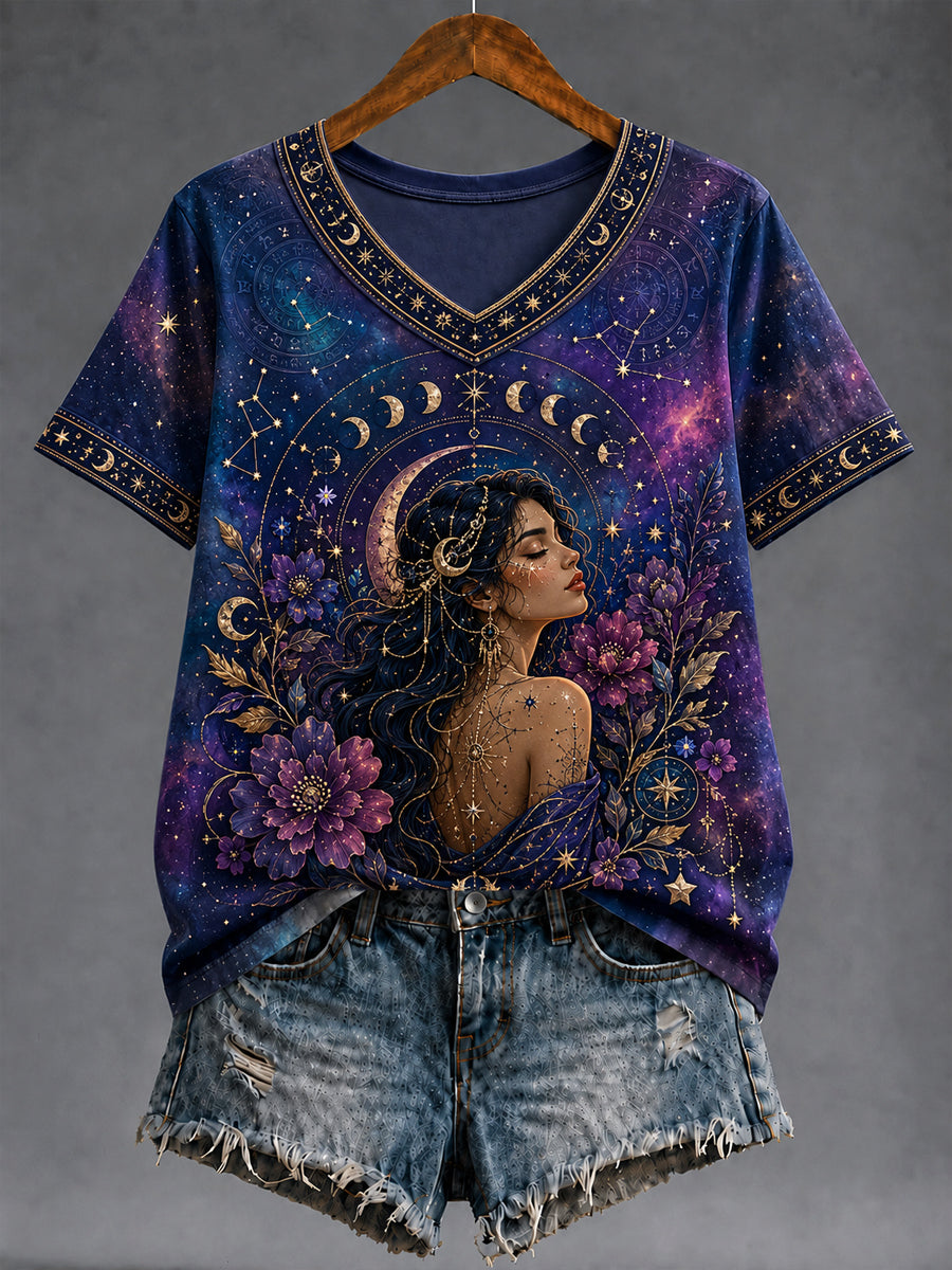 Camiseta casual clásica con cuello en V del cielo estrellado del zodiaco retro de las mujeres
