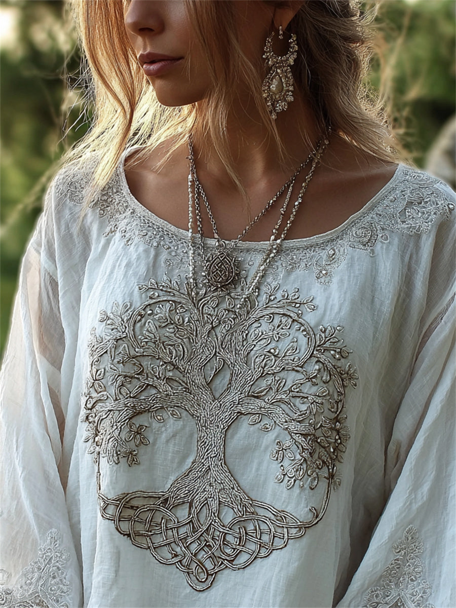 Camisa de lino de algodón con estampado de árbol de vida vikingo vintage con clase para mujer