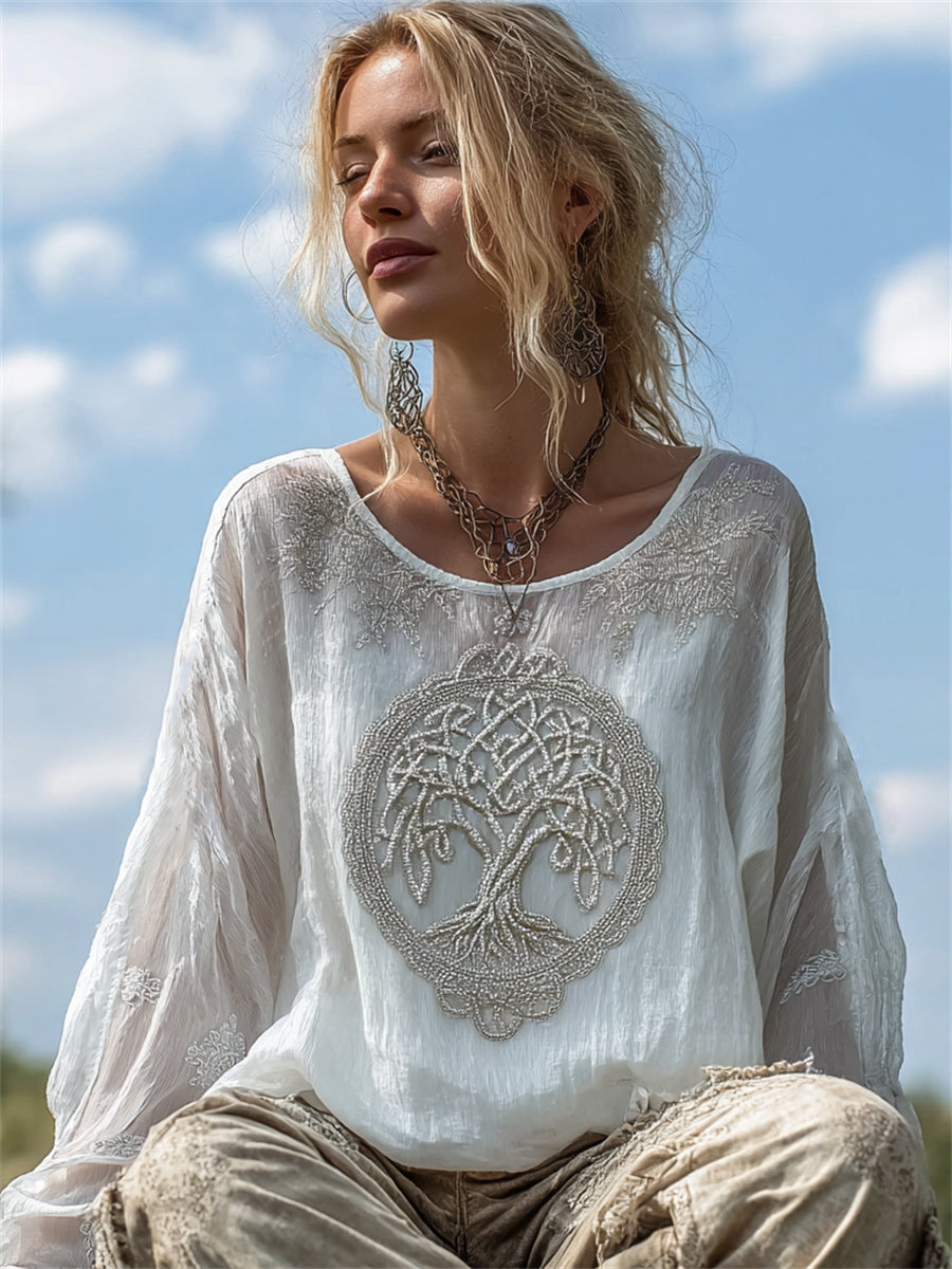 Camisa de algodón-lino para mujer, elegante y clásica, con estampado vikingo del Árbol de la Vida