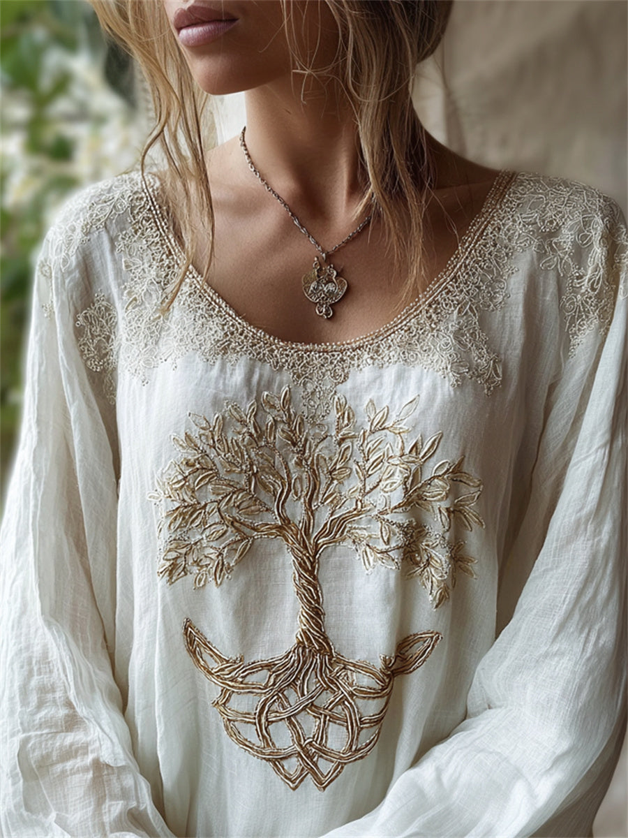 Camisa de algodón-lino para mujer, elegante y clásica, con estampado vikingo del Árbol de la Vida