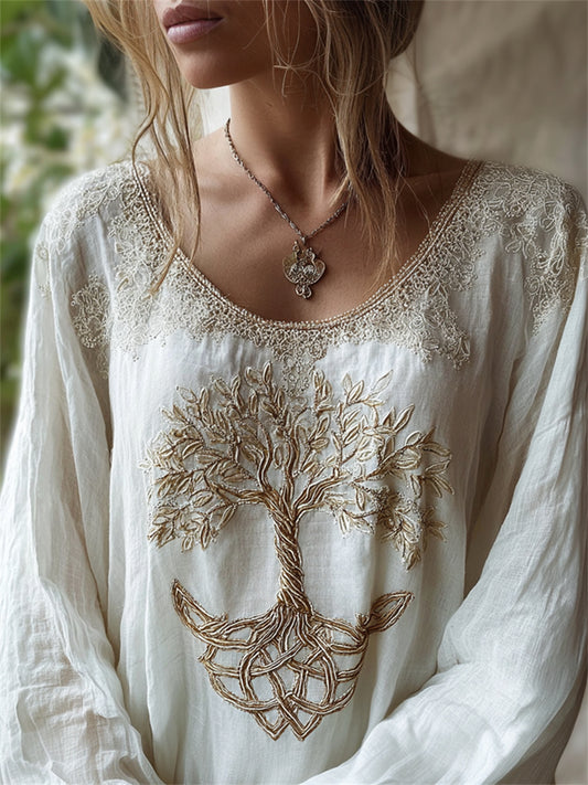 Camisa de algodón-lino para mujer, elegante y clásica, con estampado vikingo del Árbol de la Vida
