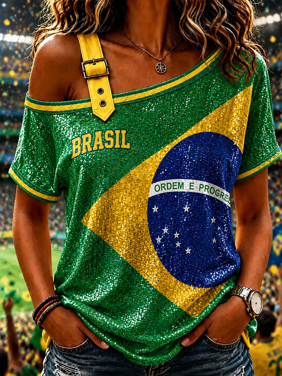 Camiseta de manga corta con estampado de arte de Brasil para mujer
