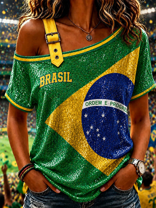 Camiseta de manga corta con estampado de arte de Brasil para mujer