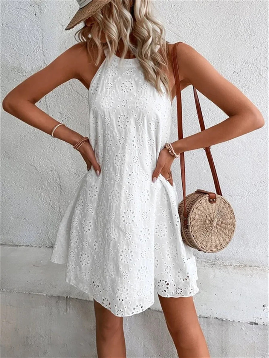Mini vestido sin mangas de encaje hueco floral de mujer