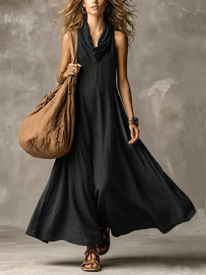 Vestido maxi con falda ancha Flowy cuello de capucha simple para mujer