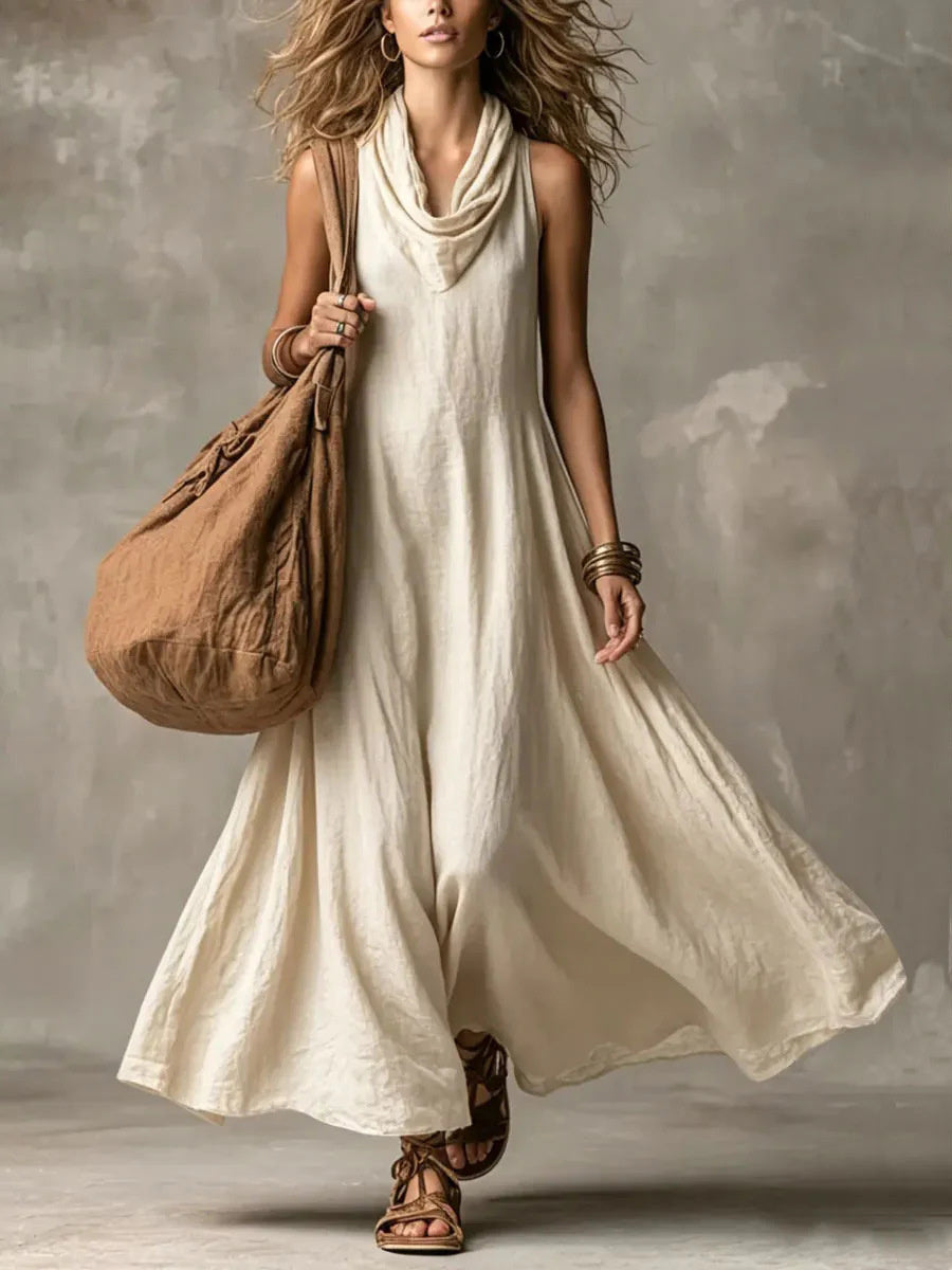 Vestido maxi con falda ancha Flowy cuello de capucha simple para mujer