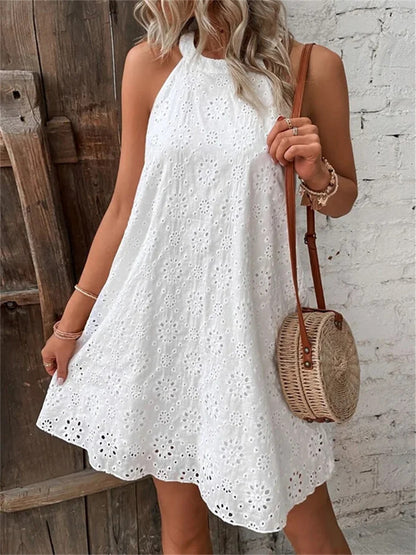 Mini vestido sin mangas de encaje hueco floral de mujer
