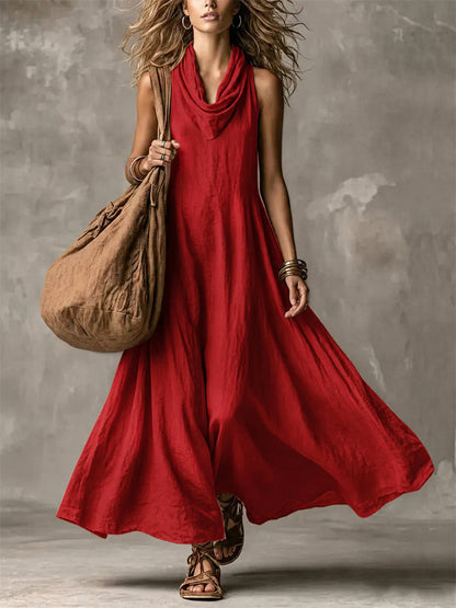 Vestido maxi con falda ancha Flowy cuello de capucha simple para mujer