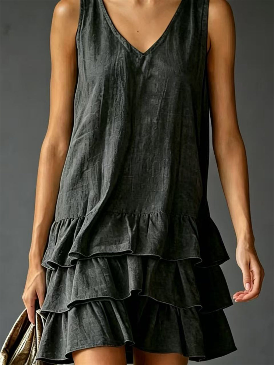 Mini vestido sin mangas con volantes vintage para mujer