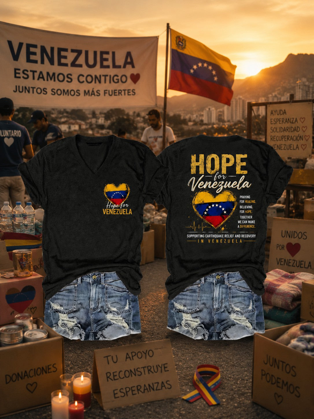Camiseta estampada con cuello en V para mujer, Venezuela fuerte
