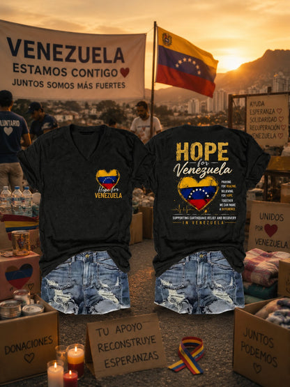 Camiseta estampada con cuello en V para mujer, Venezuela fuerte