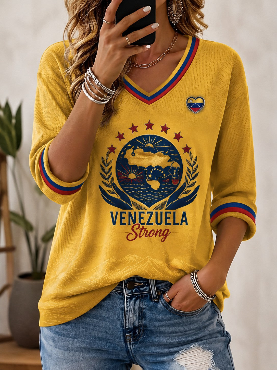 Venezuela de las mujeres fuerte impreso de mediados de-longitud mangas camiseta con cuello en v