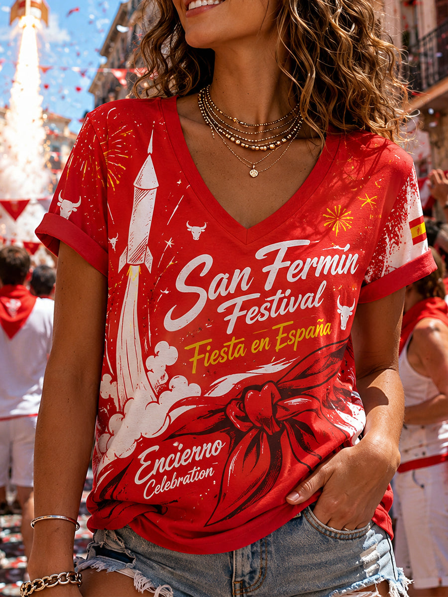 Camiseta de mujer con estampado de toro en carrera, cuello en V y mangas cortas