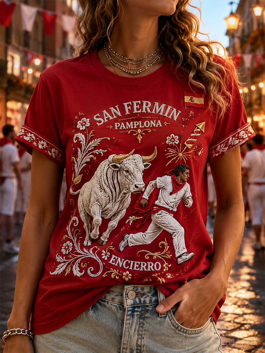 Camiseta de manga corta para mujer con estampado temático Running Of The Bulls