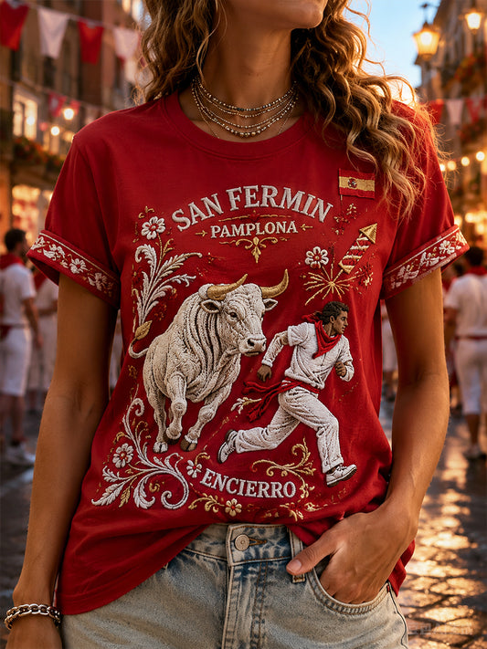 Camiseta de manga corta para mujer con estampado temático Running Of The Bulls