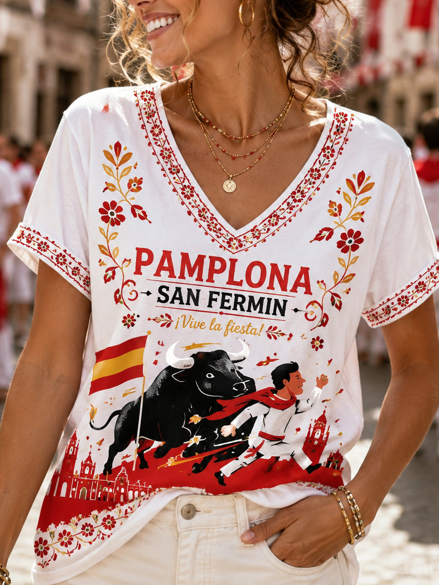 Camiseta de mujer con estampado de toro en carrera, cuello en V y mangas cortas