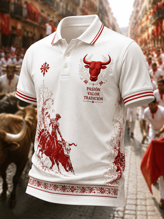 Polo de manga corta con estampado de toros españoles para hombre.