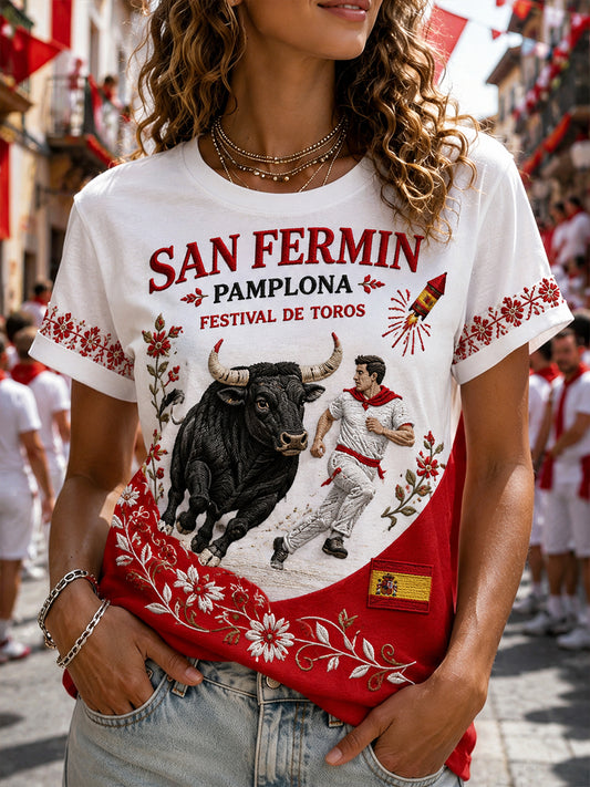 Camiseta de mujer de manga corta con estampado temático de la Carrera del Toro