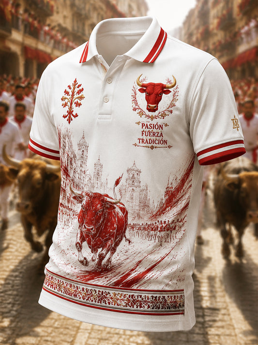 Polo casual de manga corta para hombre con estampado del encierro de toros en España.