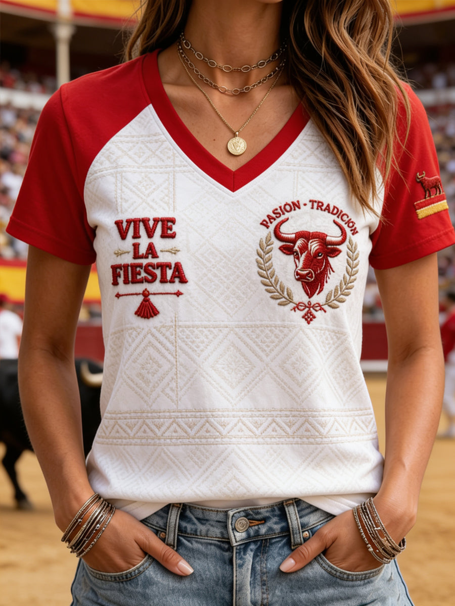 Camiseta casual de manga corta con estampado de toros de running español para mujer.