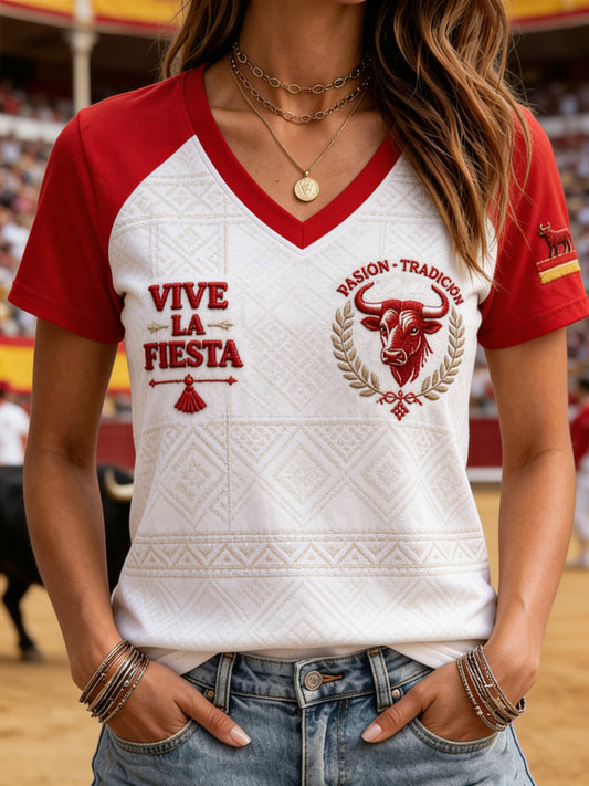 Camiseta casual de manga corta con estampado de toros de running español para mujer.