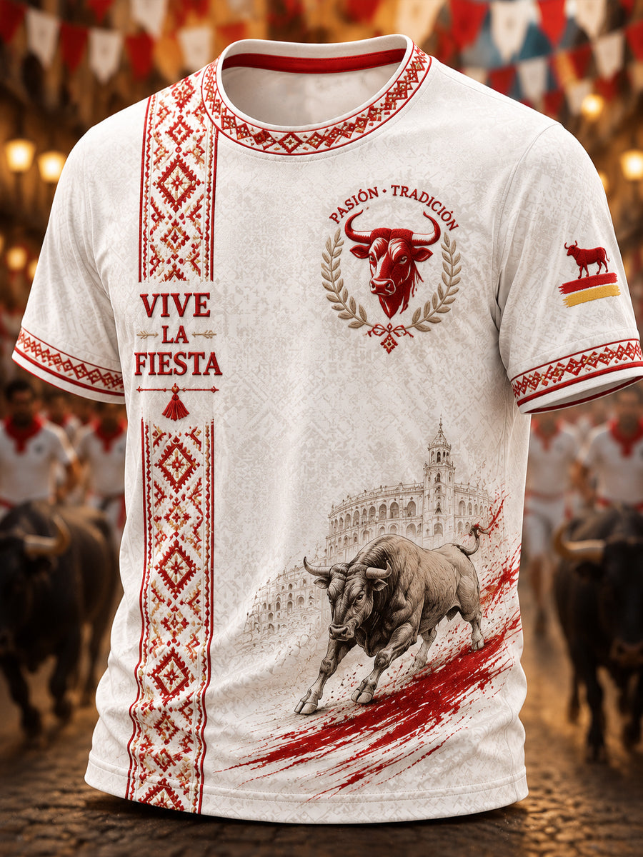 Camiseta casual de manga corta para hombre con estampado del encierro de toros en España