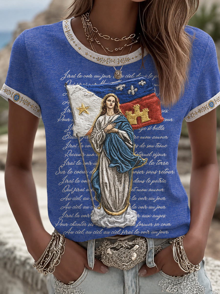 Camiseta estampada con arte religioso de la Asunción de María para mujer