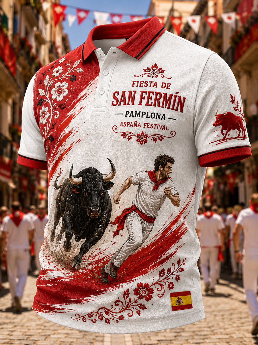 Polo de manga corta para hombre con estampado de celebración Running Of The Bulls
