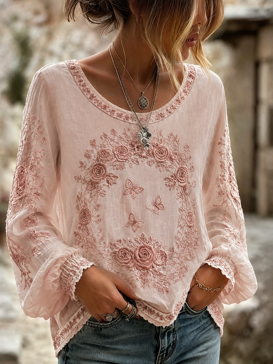 Camisa de algodón y lino con diseño de la Rosa de Tralee para mujer