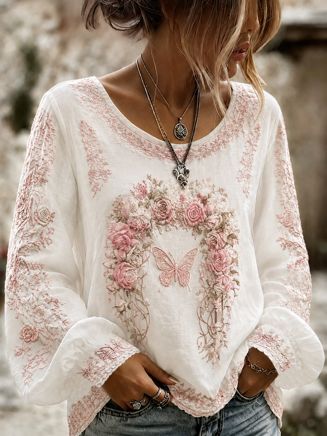Camisa de algodón y lino con diseño de la Rosa de Tralee para mujer