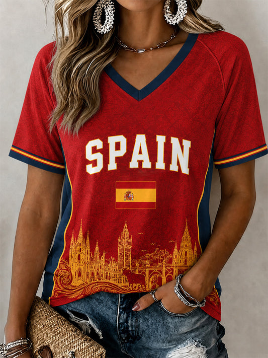 Camiseta Casual con cuello en V y estampado de España para mujer
