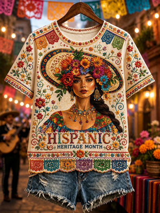 Camiseta estampada de manga corta para el Mes de la Herencia Hispana de la Mujer