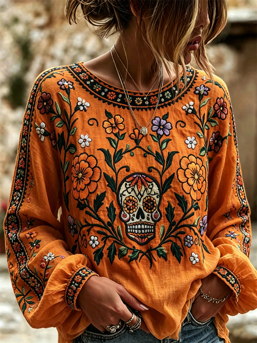 Camisa de algodón-lino con estampado floral de calaveras de azúcar mexicanas y flor de cempasúchil para el Día de Muertos de la mujer