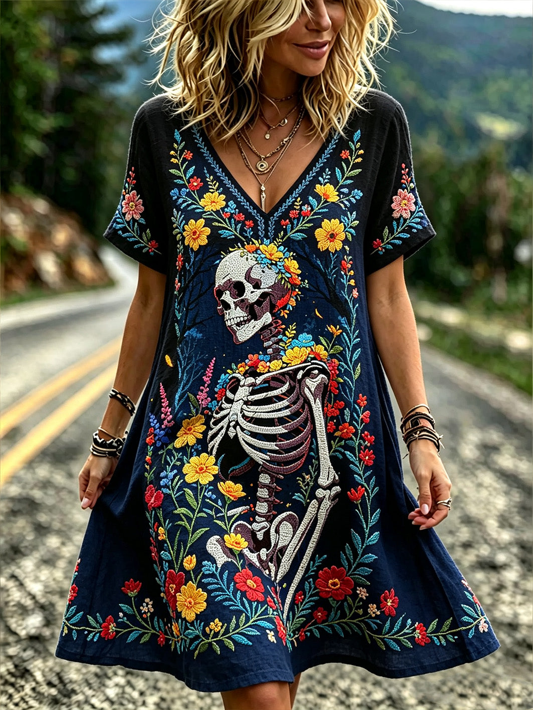 Vestido casual de cuello en V para mujer, con estampado retro del Día de los Muertos y diseño de plantas y flores