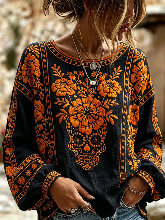 Camisa de algodón-lino con estampado floral de calaveras de azúcar mexicanas y flor de cempasúchil para el Día de Muertos de la mujer