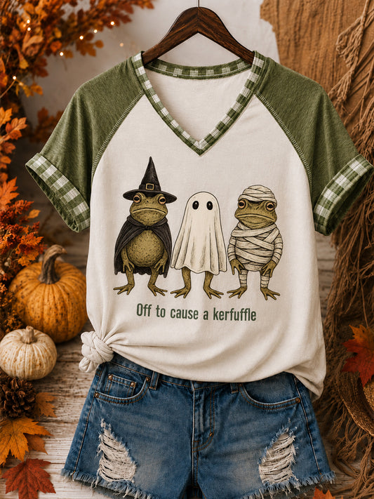 Camiseta con estampado divertido de Halloween y cuello en V para mujer