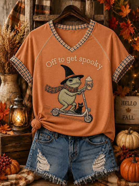Camiseta con estampado divertido de Halloween y cuello en V para mujer
