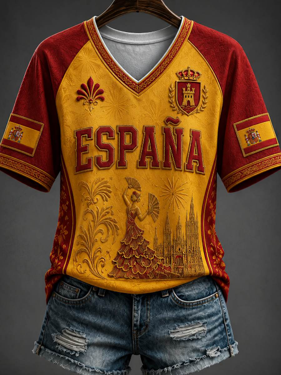 Camiseta de mujer con cuello en V, hombros descubiertos y manga corta