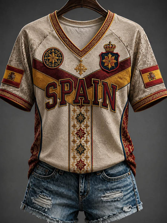 Camiseta de mujer con cuello en V, hombros descubiertos y manga corta