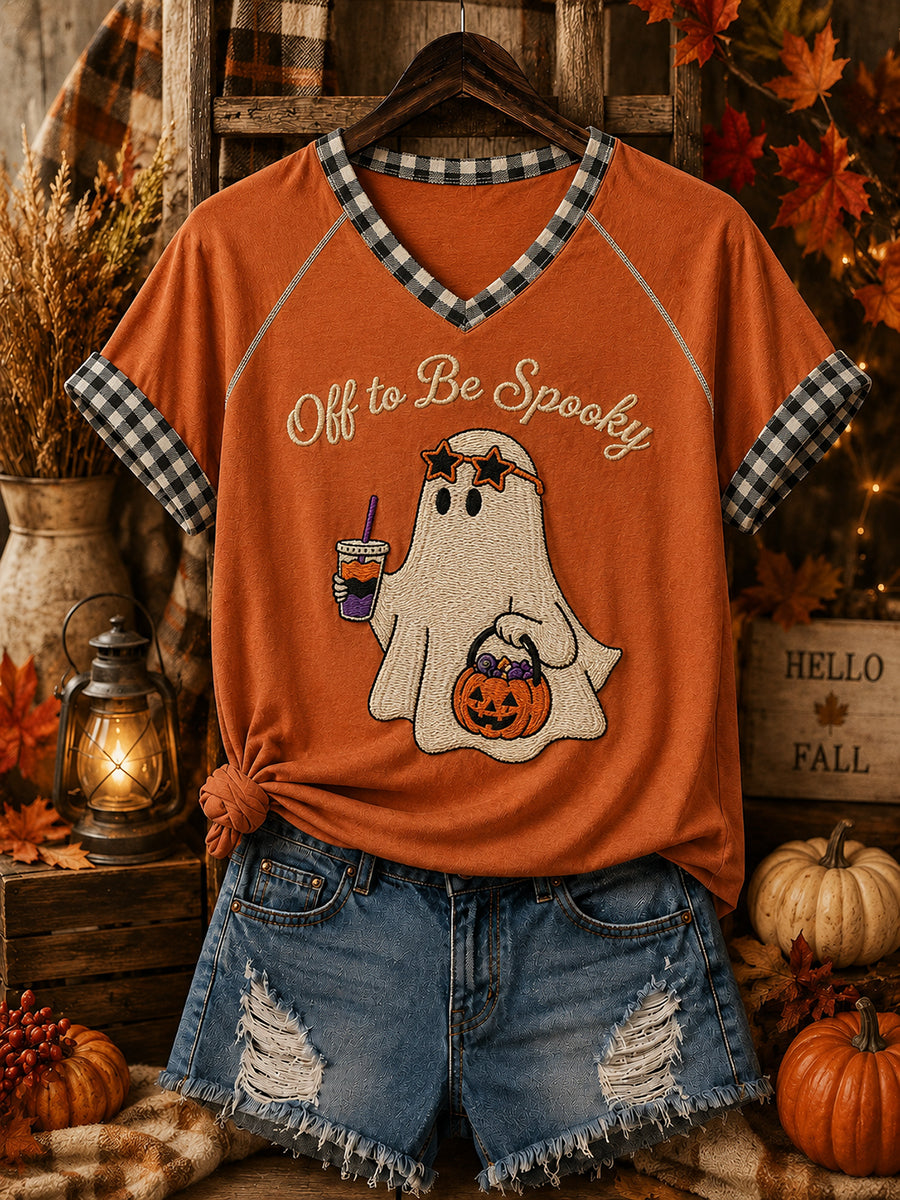 Camiseta con estampado divertido de Halloween y cuello en V para mujer