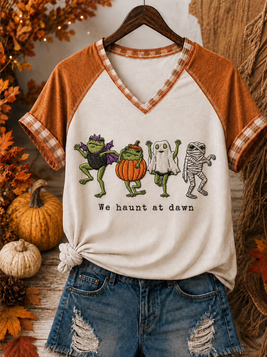 Camiseta con estampado divertido de Halloween y cuello en V para mujer