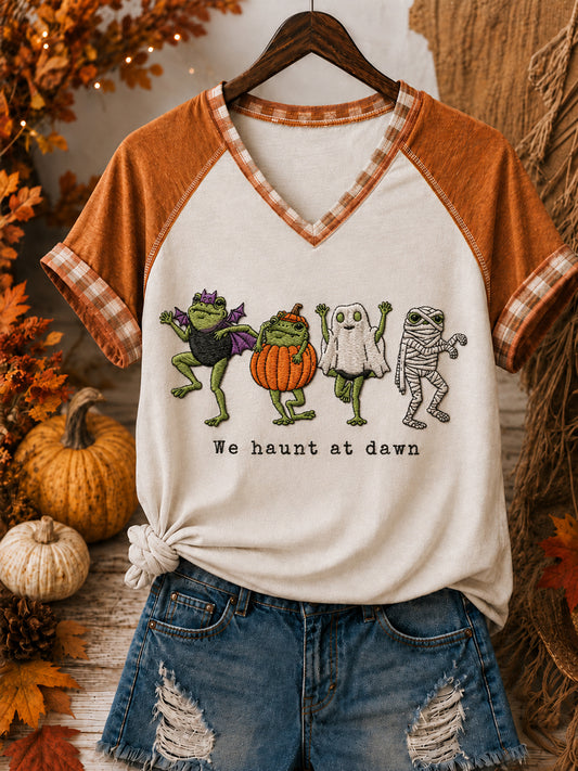 Camiseta con estampado divertido de Halloween y cuello en V para mujer