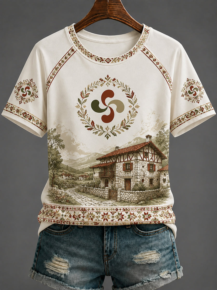 Camiseta de manga corta con cuello redondo estampado País Vasco para mujer