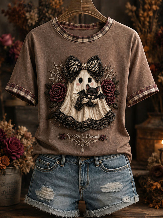 Camiseta de mujer Cute Ghost Plaid Patchwork