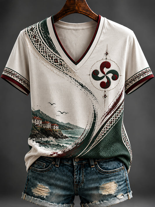 Camiseta con cuello en V estampada del País Vasco para mujer