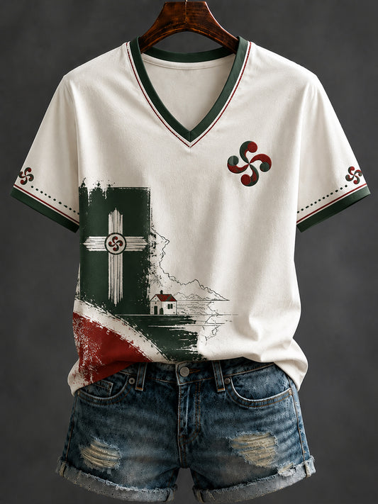 Camiseta con cuello en V estampada del País Vasco para mujer