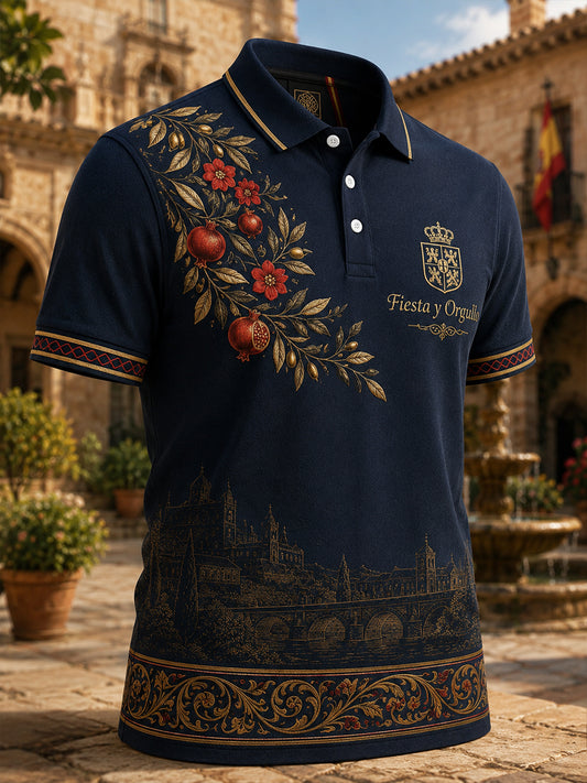 Polo masculino conmemorativo del Día Nacional de España, con elementos de estampado artístico